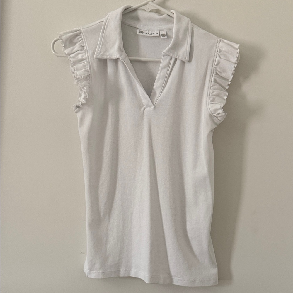 Rafaella Women's White Ruffle Sleeve Polo Top Size Small